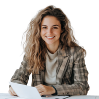 Smiling young professional woman working at desk with a tablet and papers. png