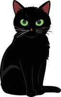 Black cat with striking green eyes sitting in a calm posture vector