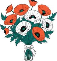 Vibrant flower bouquet with poppies and greenery in a vase vector