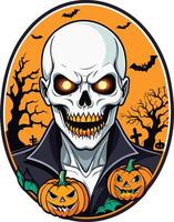 Halloween-themed skull character with pumpkins and bats in background vector