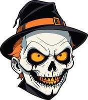 Skeleton with a witch hat and glowing orange eyes in a spooky design vector