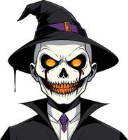 Creepy skull character wearing a witch hat in a spooky setting vector