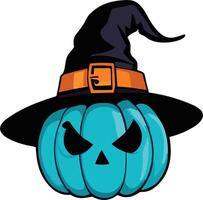 Unique turquoise pumpkin wearing a witch hat with a spooky expression vector
