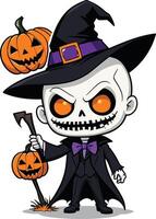 Skeleton character in witch costume holding pumpkins for Halloween vector