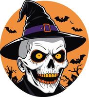 Skull in witch hat with bats on orange backdrop vector
