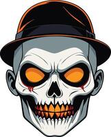 Creepy skull character with orange eyes and stylish hat design vector