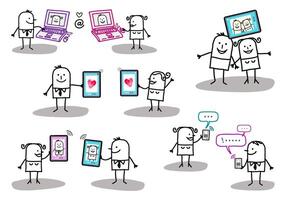 Set of 5 illustrations - Hand drawn cartoon stick characters - Couples meeting, dating - communication and love with internet vector