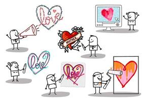 Set of 6 illustrations - Hand drawn cartoon stick characters - men and women with big designed hearts in different styles vector