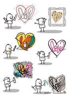 Set of 6 illustrations - Hand drawn cartoon stick characters - men and women with big designed hearts in different styles vector