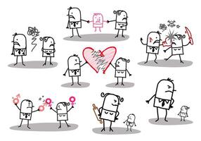 Set of 7 illustrations - Hand drawn cartoon stick characters - fighting couples and divorce, sadness, harassment, violence, domination vector