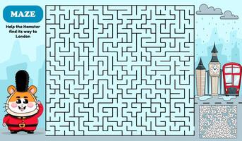 Square maze activity page for kids. Help hamster find the way to London, cartoon style vector