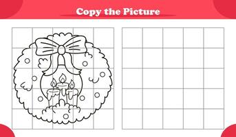 Copy the image activity game for kids with Christmas wreath in cartoon style vector