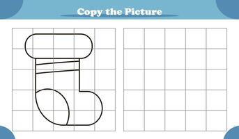 Copy the image activity game for kids with Christmas sock in cartoon style vector