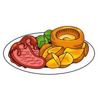 British Yorkshire pudding and roast beef illustration on a plate in cartoon style vector