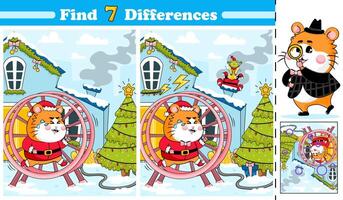 Find 7 differences activity page for kids with hamster running in a wheel to light up Christmas tree vector