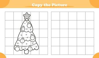 Fun copy-the-image activity game for kids featuring Christmas tree in cartoon style vector
