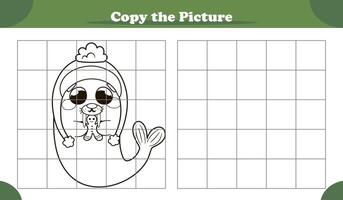 Copy the image activity game for kids with cute walrus with Christmas cookie, cartoon style vector