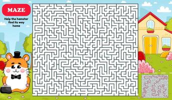 Square maze activity page for kids. Help hamster find the way to home, cartoon style vector