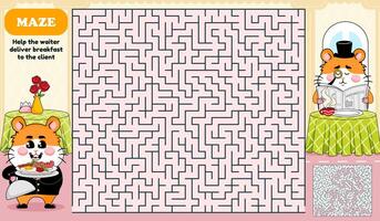 Square maze activity page for kids. Help waiter find the way to client, cartoon style vector