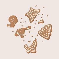 illustration of crumbled and bitten Christmas cookies. A half-bitten, broken cookie in the shape of a man, stars, Christmas trees, bells. illustration vector