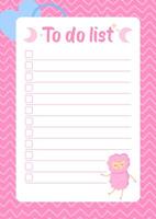 Pink to do list with lamb with waves background. Stock illustration in flat cartoon style. Cute child note template. vector