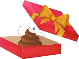 Opened red gift box with yellow ribbon containing a cartoon poop and a flying fly. Digital illustration on white background. Humor and prank concept for design and print. Bad gift concept. vector