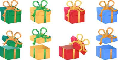 Set of colorful Christmas gift boxes in green, yellow, red, and blue with ribbons and bows. Open and closed gift boxes isolated on white background. Design for greeting card, invitation, poster, banner, and print. vector