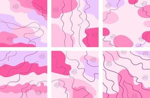 Set of abstract square background in pastel colors with curved lines. Modern geometric Memphis texture. Stock illustration in minimalist simple doodle style vector