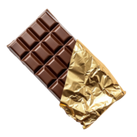 create a chocholate bar with a gold foil pakaging half opened with a transparent background png