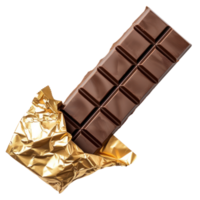 create a chocholate bar with a gold foil pakaging half opened with a transparent background png