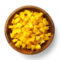 top view of perfectly diced yellow bell peppers in a wooden bowl isolated on a transparent background png