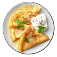 crepes with cottage cheese and sour cream on a plate, top view, transparent background png