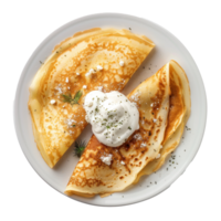 crepes with cottage cheese and sour cream on a plate, top view, transparent background png