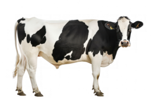 Side view of a strong black and white cow, milk cow, cute and fat, transparent background png
