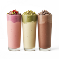 5 types of protein strawberry pistachio chocolate yogurt plain front view cover transparent background png