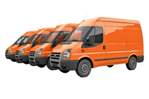 a row of orange delivery van on transparent background png