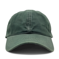 a product studio photograph of a slightly shorter dark forest green dad hat taken at 0 degrees with a well illuminated plain transparent background png