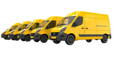 a row of yellow delivery van on transparent background png