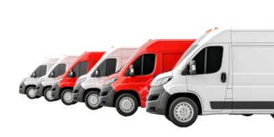 a row of white and red delivery van on transparent background png