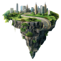 flying island with road and modern city isolate transparent background png