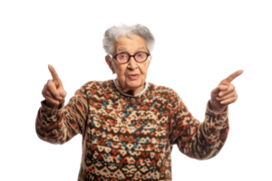 grandmother seen from the front, full body, pointing with both hands to the sides, on a transparent background png