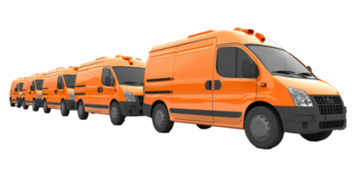 a row of orange delivery van on transparent background png