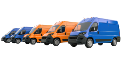 a row of blue and orange delivery van on transparent background png