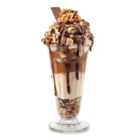 8k photoshoot of a choc nut sundae with nuts in a tall glass on transparent background png