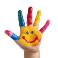 a child's hand painted with a smiley face isolate on transparent background png