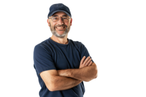 Long Shot photograph of a MAN 40 YEARS OLD, OWNER OF A HARDWARE STORE, happy, T-shirt Blue, STANDING ON WHITE BACKGROUND png