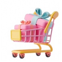 Cute shopping cart icon with a package gift box, 3d, transparent background png