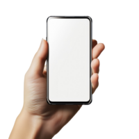 one hand from bottom hold on the mobile phone to the up, transparent background png