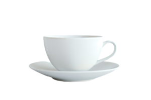an empty white ceramic saucer viewed from a 45 degree angle on a transparent background png