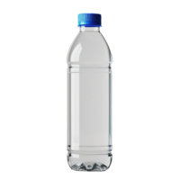 water bottle plastic transparent mockup, solid white simple background, blue bottle cap png